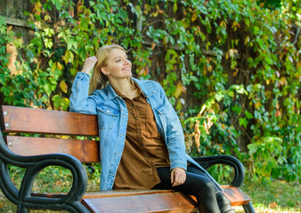 Feeling free and relaxed. Woman blonde take break relaxing in park. You deserve break for relax....