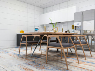 Modern kitchen and dining room design renderings, solid wood dining table, cabinets, refrigerator, etc. in a spacious kitchen, separated from the living room by a glass door