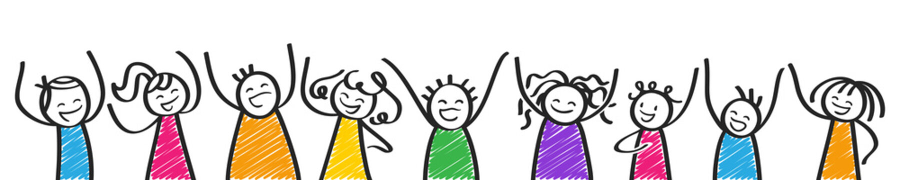 Gl&uuml;ckliche bunte Strichm&auml;nnchen jubeln, Reihe, Banner, Kinder, M&auml;nner und Frauen freuen sich