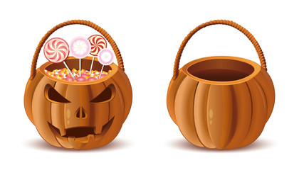 Pumpkin baskets for sweets. Halloween baskets set. Jack-o-lantern basket. Vector illustration isolated on white background © kiberstalker