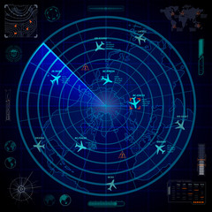 Bright military radar display with with planes traces and target signs on blue background