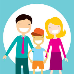Happy family members parents and their son. Lovely cartoon characters.Vector illustration