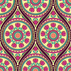 Seamless pattern with ethnic mandala ornament. Hand drawn illustration