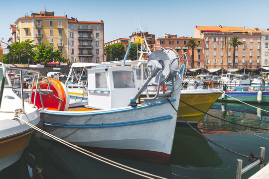 Vintage fishing boats moored in Ajaccio