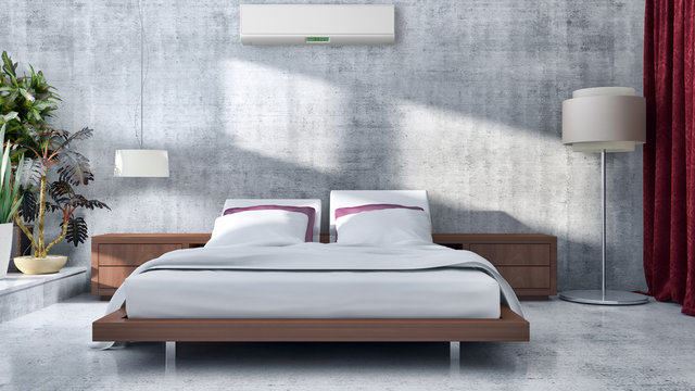 Modern bright bed room interiors 3D rendering illustration computer generated image