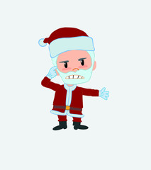 Santa Claus, is angry and points his head with his index finger.