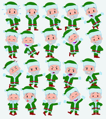Cartoon character Green Santa Claus. Set with different postures, attitudes and poses, doing different activities in isolated vector illustrations.