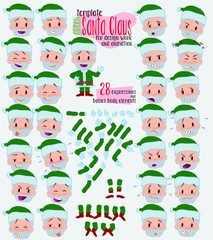 Green Santa Claus. Twenty eight expressions and basics body elements, template for design work and animation. Vector illustration to Isolated and funny cartoon character.