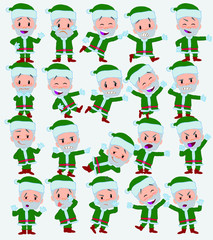 Cartoon character Green Santa Claus. Set with different postures, attitudes and poses, doing different activities in isolated vector illustrations.