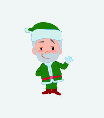 Green Santa Claus waving with a dreamy expression.