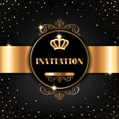 VIP invitation template with golden crown and sparkling confetti on black background