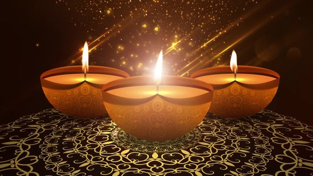 Happy Diwali Indian Temple on a Religious Festival Diwali. Oil Lamp animation with warm bokeh background