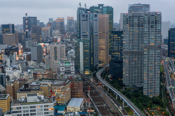 Fototapeta na wymiar Dusk skyline cityscape Hamamatsucho district view from World Trade center building.