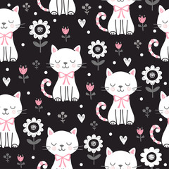 Vector seamless pattern with a cute cat on a dark background.