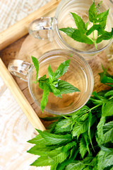 Hot herbal mint tea drink in glass mug