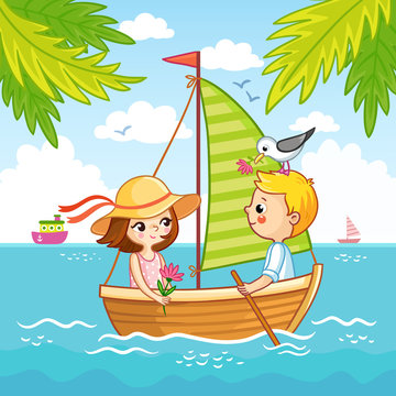 Boy and a girl are sailing on a sailboat on the sea.