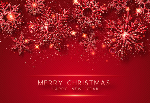 Christmas background with shining golden snowflakes and snow. Merry Christmas card illustration on red background. Sparkling shiny snowflakes with glitter texture