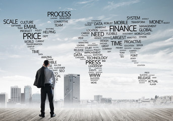 Motivation and inspiration concept with modern cityscape and businessman observing it