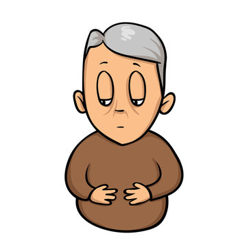 Sad old man with hands on his stomach. Gut problems, belly cramps. Colorful flat vector illustration. Isolated on white background.