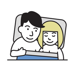 Happy young couple in bed. Cartoon design icon. Colorfull flat vector illustration. Isolated on white background.