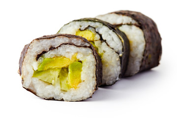 Vegan sushi rolls made with nori algae, sushi rice, cucumbers and avocado isolated on white background