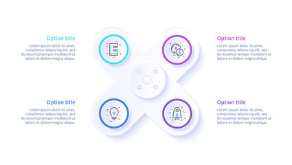 Business process chart infographics with 4 step segments. Circular corporate timeline infograph elements. Company presentation slide template. Modern vector info graphic layout design.