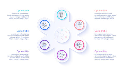 Business process chart infographics with 6 step segments. Circular corporate timeline infograph elements. Company presentation slide template. Modern vector info graphic layout design.