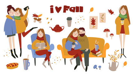 Set of cute autumn plants, food and sweets, girls, lovers