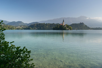 Bled with lake, island and mountains in background, Slovenia, Europe