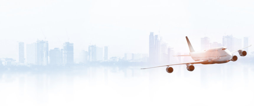 Fototapeta Big white airplane is flying ,  for Business trip with Commercial plane , Transportation, import-export and logistics, Travel concept  travel and tourism concept , ready for summer banners design