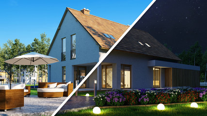 Haus mit Garten tagsüber und nachts