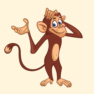 Cute cartoon monkey sitting. Vector illustration of chimpanzee scratching his head. Children book illustration or sticker