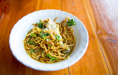 Thai spicy food, Egg noodle in chicken curry or name in thai is khao soi kai.noodles in soup cooked after the manner of the people of north Thailand