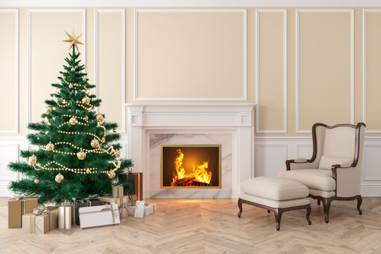 Classic beige interior with christmas tree, fireplace, lounge armchair, wall panels, wood floor. 3d render illustration mock up.