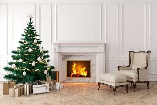 Classic interior with christmas tree, fireplace, lounge armchair, wall panels, wood floor. 3d render illustration mock up.