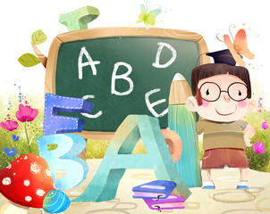 Portrait of boy with Blackboard and Alphabets
