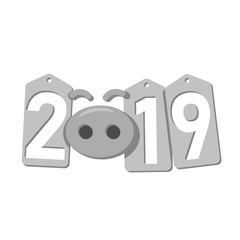 Happy New Year background. Pig face, silver sale tags. 2019 flat numbers. Piggy snout. Chinese design decoration, celebration card, Christmas discount. Cartoon piglet nose. Vector Illustration