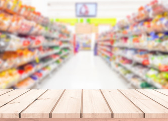 Wood table or wood floor with supermarket blur background for Product display
