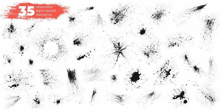 Set of black ink splashes and drops. Different handdrawn spray design elements. Blobs and spatters. Isolated vector illustration