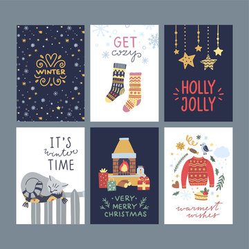 Christmas and New Year winter posters and greeting cards. Happy holidays graphic set with lovely hygge lifestyle elements