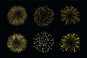 Beautiful gold fireworks set. Bright fireworks isolated black background. Light golden decoration fireworks for Christmas, New Year celebration, holiday festival, birthday card. Vector illustration - 228680426
