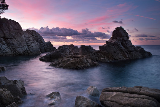 Spain, Catalonia, Lloret de Mar, Cala Trons at twilight