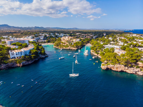 Spain, Mallorca, Portocolom, Aerial view of Cala d'Or and bay Cala Ferrera