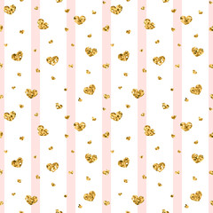 Fototapeta na wymiar Gold heart seamless pattern. Pink-white geometric stripes, golden confetti-hearts. Symbol of love, Valentine day holiday. Design wallpaper, background, fabric texture. Vector illustration