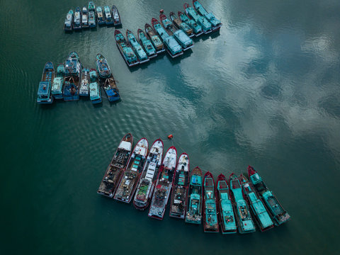 Indonesia, Bali, Aerial view of old ships