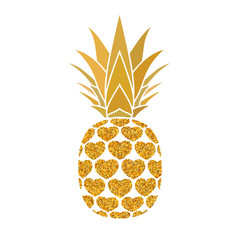 Pineapple golden with hearts. Tropical gold exotic fruit isolated white background. Symbol of organic food, summer, vitamin, healthy. Nature logo. Design element icon. Vector illustration