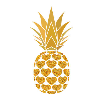 Pineapple golden with hearts. Tropical gold exotic fruit isolated white background. Symbol of organic food, summer, vitamin, healthy. Nature logo. Design element icon. Vector illustration