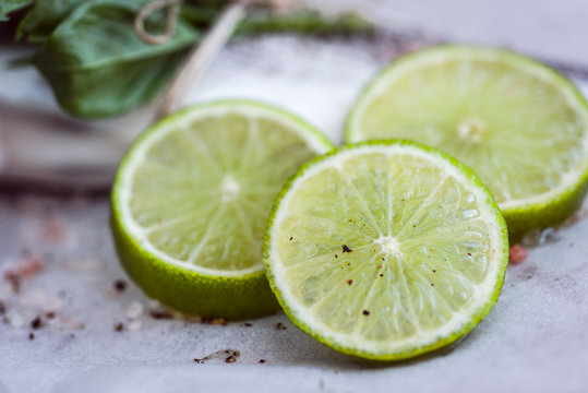 Three slices of lime, close-up