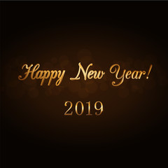 Happy New Year gold text. Holiday background 2019. Design greeting, card, invitation. Golden decorative type. Symbol of Marry Christmas celebration, holiday, festive party. Vector illustration