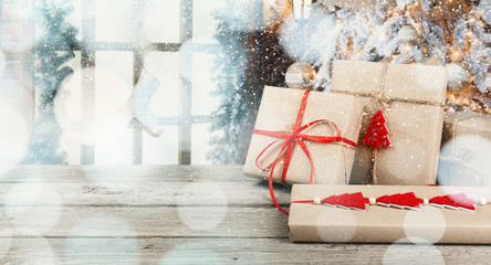 Obraz premium Christmas background with gift boxes for greeting card